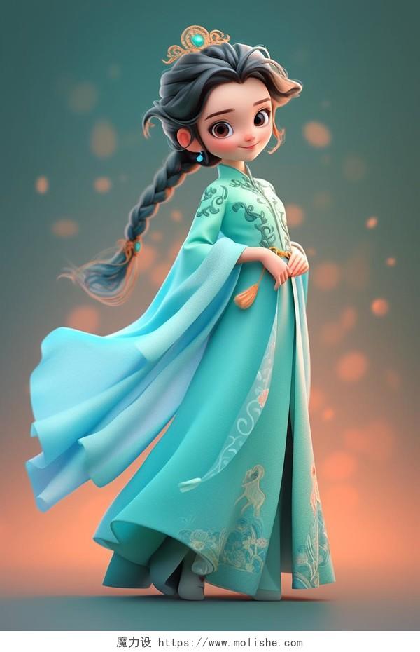 一个身穿绿色汉服长裙的中国女孩3D插画AI中式古装文物拟人